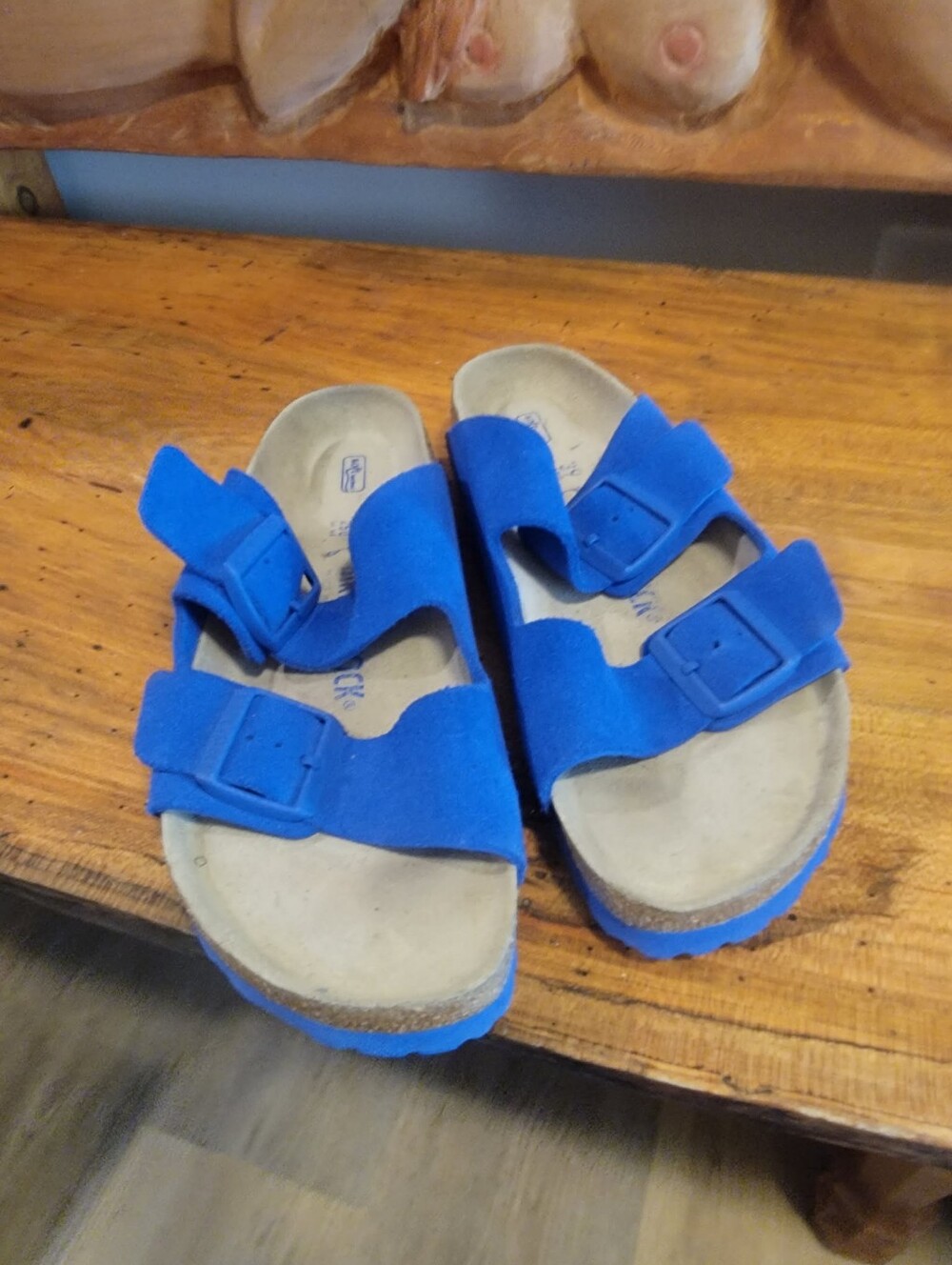 Birkenstock Size 39 Arizona Blue Double-Buckle Cork Footbed Sandals w/Blue Sole